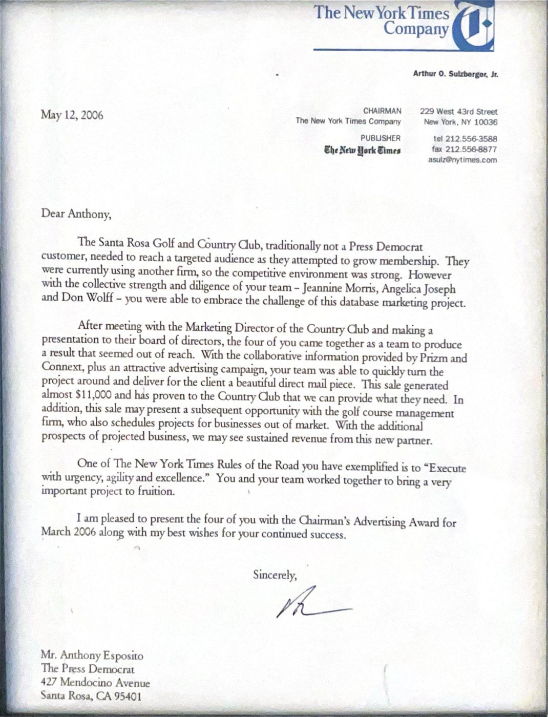Letter on The New York Times Company letterhead dated May 12, 2006, signed by Arthur O. Sulzberger, Jr., presenting the Chairman's Advertising Award for March 2006.