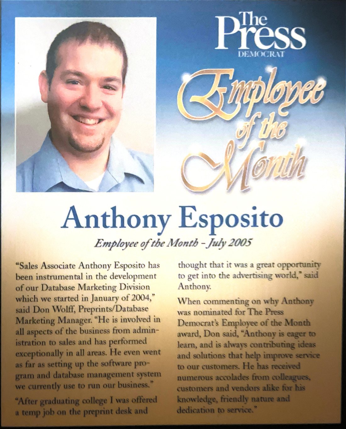 The Press Democrat Employee of the Month plaque for July 2005, with a photo of Anthony Esposito and the write-up quoted above.