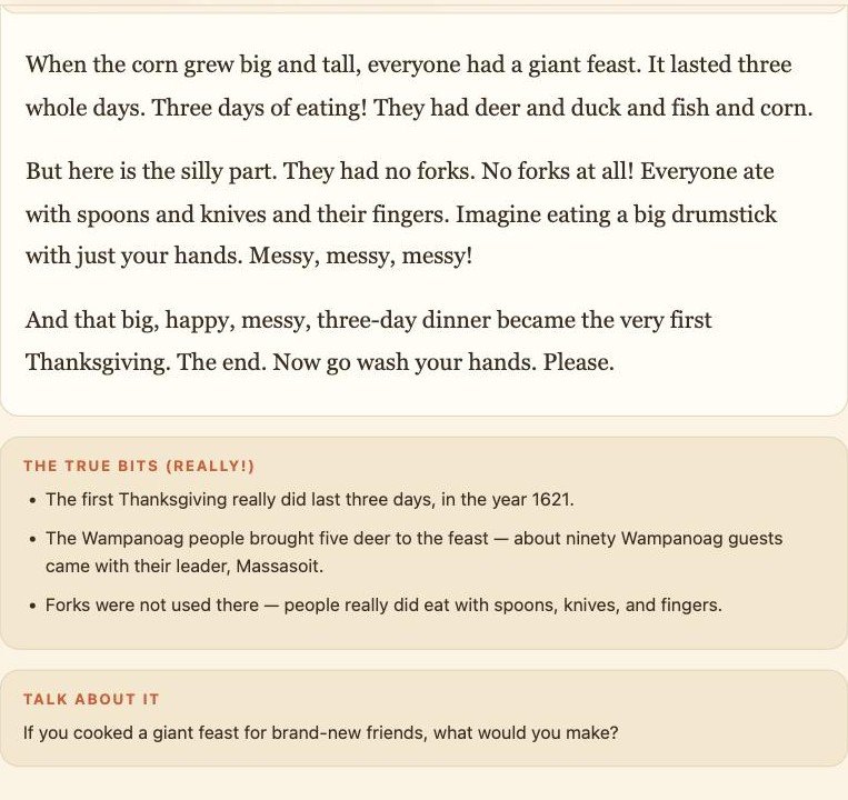 The end of the Thanksgiving story, followed by the panel headed THE TRUE BITS (REALLY!) with three checkable facts, and a panel headed TALK ABOUT IT with a discussion question.