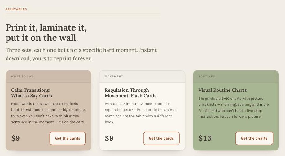The printables shelf at neurodivulge.com: Calm Transitions What to Say Cards, Regulation Through Movement Flash Cards, and Visual Routine Charts.