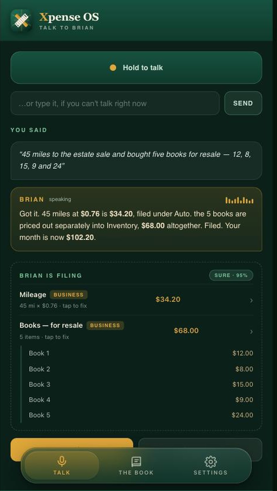 Xpense OS on a phone. Brian has read the sentence and broken it into mileage of thirty-four dollars and twenty cents plus five separately priced books totalling sixty-eight dollars.