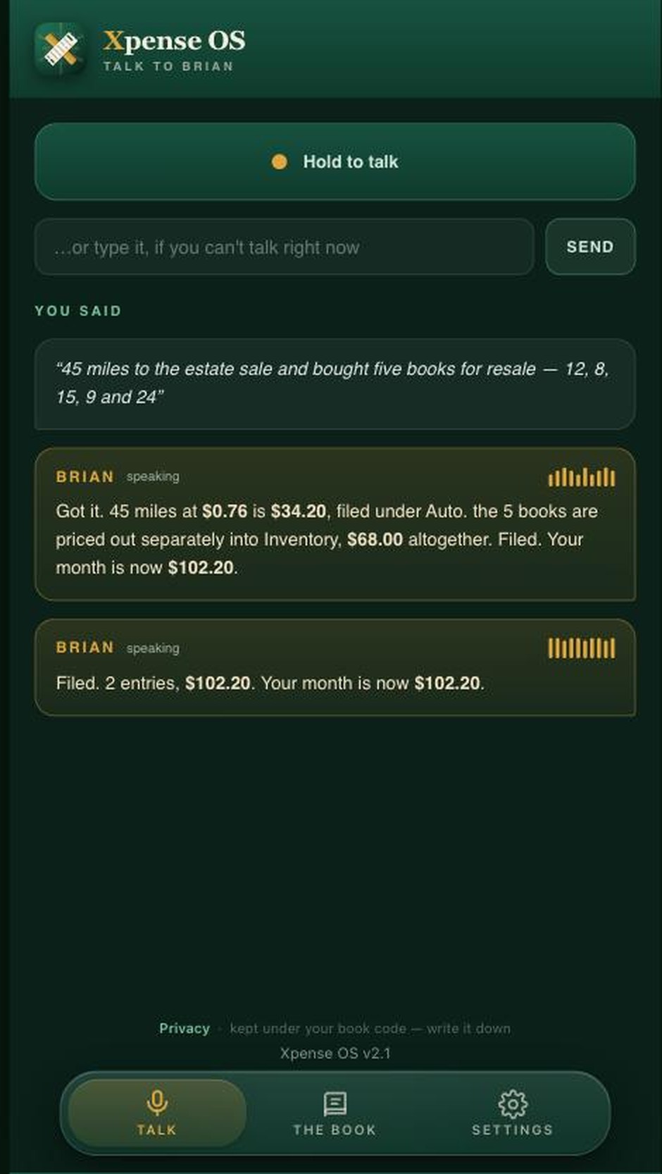 The confirmation. Two entries filed, one hundred two dollars and twenty cents, and the month total updated.
