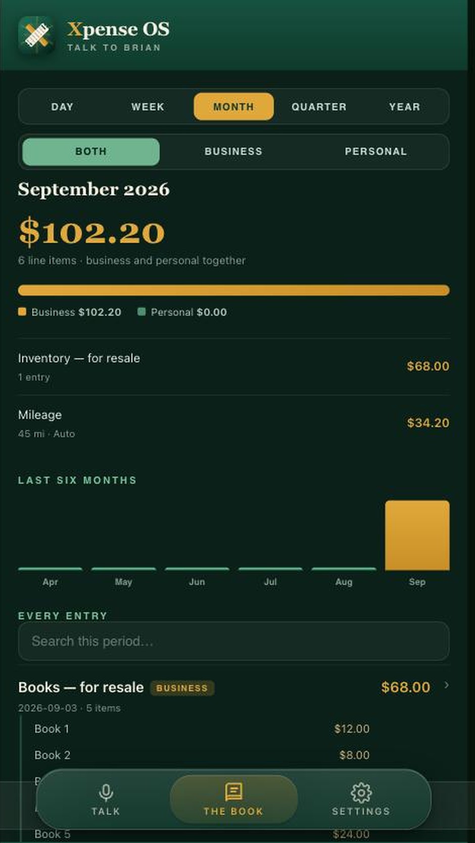 The book view. September totalled, split between business and personal, categories listed, six months of history, and export buttons for QuickBooks and full detail.