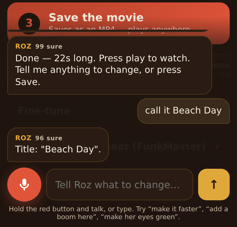 Roz after building a 22-second movie: 'Done — press play to watch' and, after being told 'call it Beach Day', reading the new title back