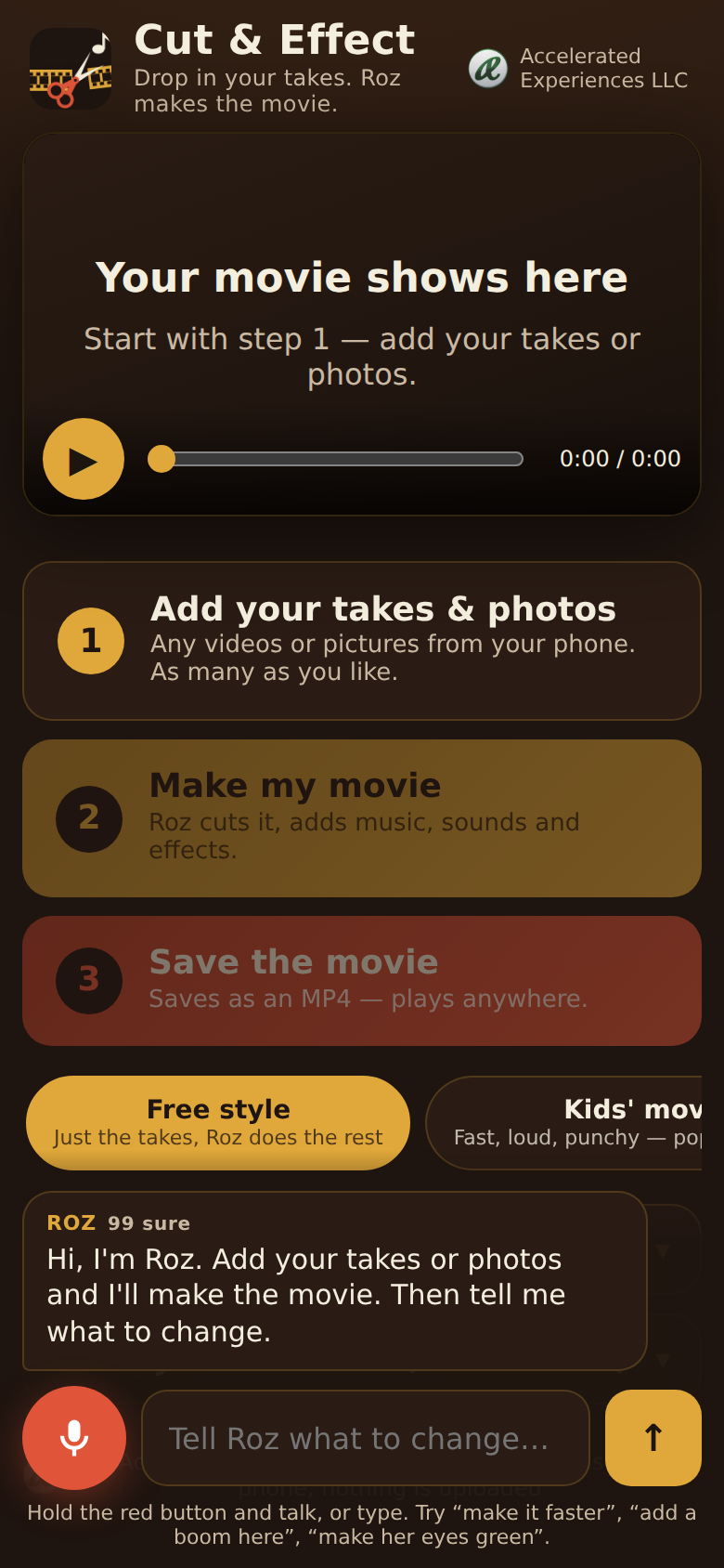 Cut & Effect on a phone: three big steps — add your takes and photos, make my movie, save the movie — and Roz saying hello
