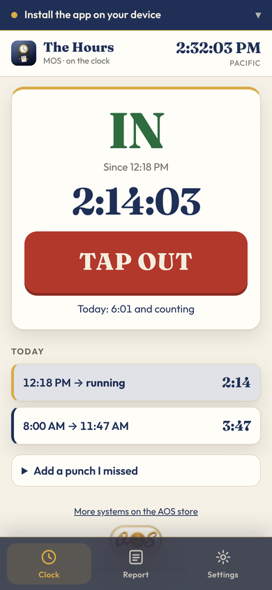 The Hours MOS clock screen: IN since 12:18 PM, 2:14:03 on the clock, a red TAP OUT button, today's punches listed below