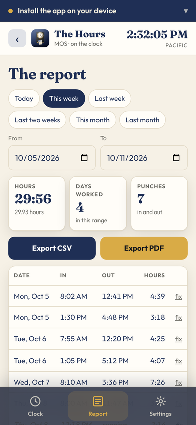 The Hours MOS report for this week: 29:56 over 4 days and 7 punches, one row per punch with date, in, out and hours, Export CSV and Export PDF
