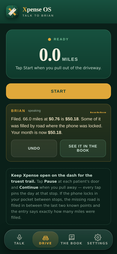 Xpense OS after End: Brian has filed 66 miles at the IRS rate, with Undo and See it in the Book