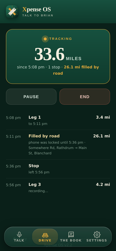 Xpense OS Drive tab mid-day: Leg 1 recorded, a stretch filled by road while the phone was locked, a stop, Leg 3 recording